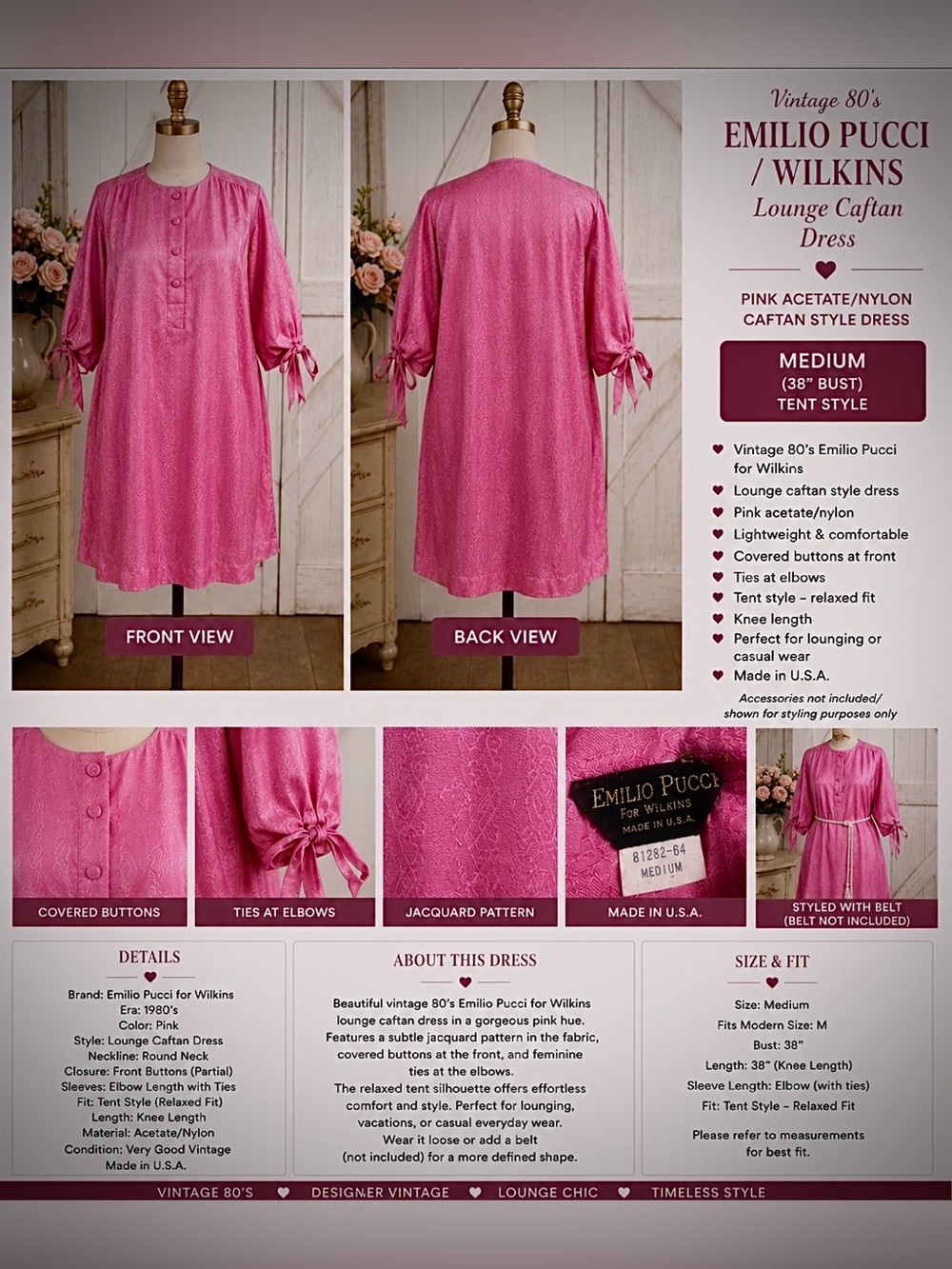 *Vintage 80’s- Emilio Pucci / Wilkins - acetate/nylon caftan lounge dress - pink